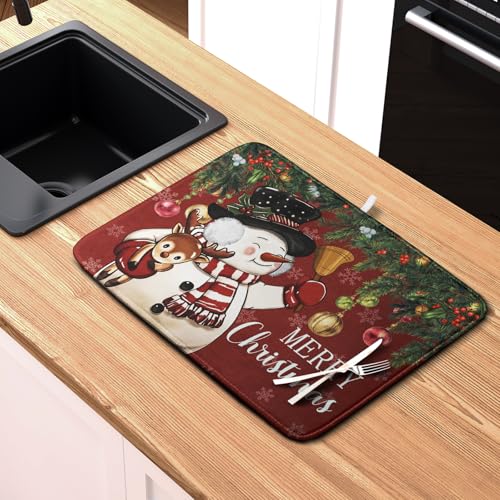 Christmas Snowman Dish Drying Mat 18x24 Inch - Reversible Absorbent Microfiber Kitchen Counter Pad