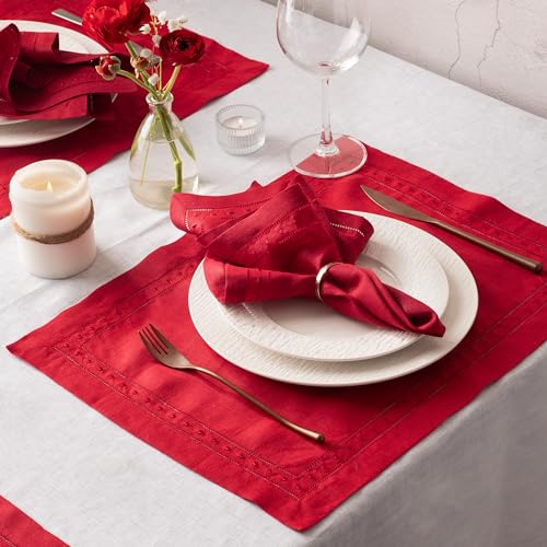 Red Linen Napkins Set of 4 - Embroidered Swiss Dot & Hemstitch, 18x18 Inches - Authentic Home