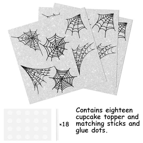 18pcs Black Glitter Halloween Cupcake Toppers for Spider Web Theme Party Decor