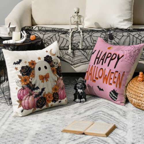 Halloween Throw Pillow Covers 18x18 Inch Set of 4 Ghost Pumpkin Bat Decor