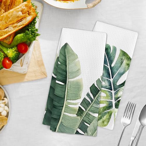 Sage Green Leaf Kitchen & Bathroom Hand Towels Set - Modern Herbs Leaves, 16x24 Inches - Leaf Variation