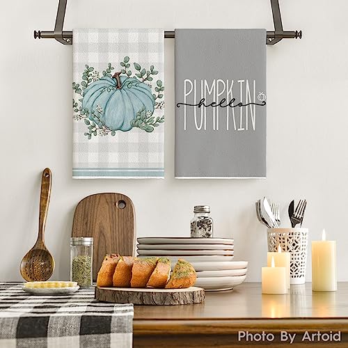 Grey Pumpkin Leaves Fall Kitchen Towels Set of 4 - 18x26 Inches
