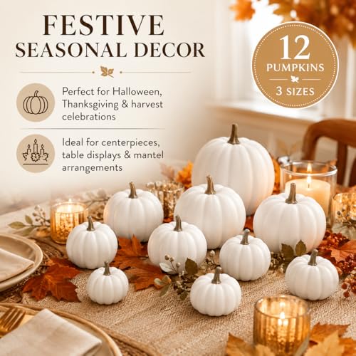 White Mini Pumpkins Artificial Fall Decor Set - 12 Pieces in 3 Sizes with Variation