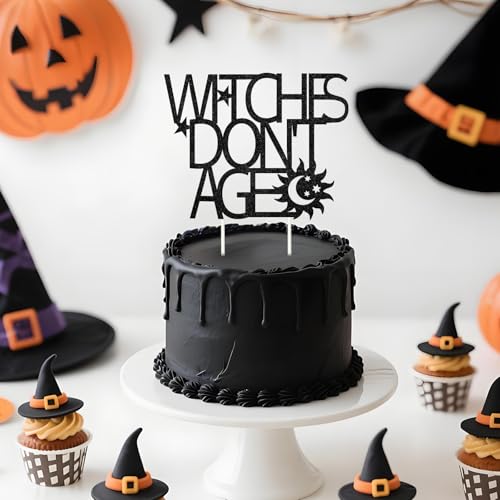 Halloween Witches Don't Age Cake Topper Black Glitter Decor for Birthday Party