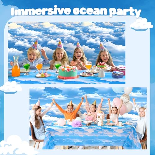 Blue Sky White Cloud Party Tablecloth - 1181 x 59 Inch, Cloud Pattern, Waterproof & Cuttable, Children's Birthday & Outdoor Decor - Variation: Clouds / 15.9 x 3.2 Inch