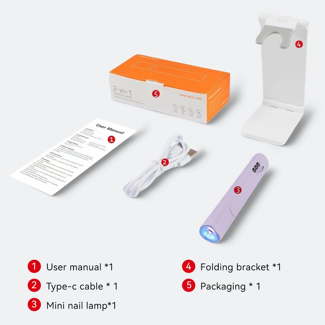 YTD Likomey Handheld UV LED Lamp for Gel Polish,Purple Quick Dry Mini Nail Light with Folding Bracket, Portable Cordless Rechargeable for Fast Curing UV Nail Glue Builder Extension Gel