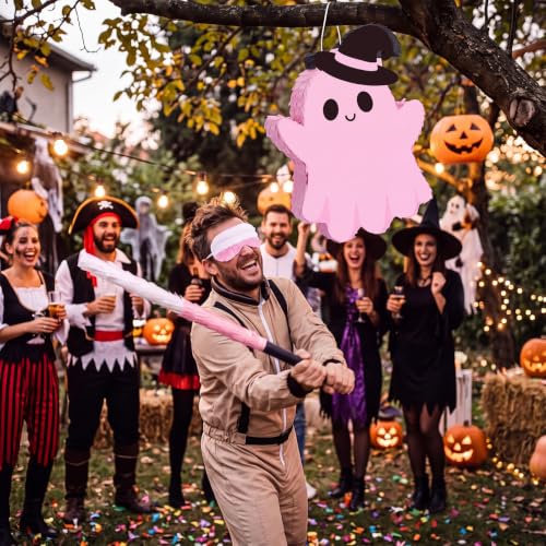 Lovely Pink Ghost Piñata Halloween Party Decoration with Bat Stick & Blindfold - Halloween Piñata Set