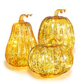 Gold Mercury Glass Pumpkin Lights Set - 3 LED Fall Halloween Porch Lanterns
