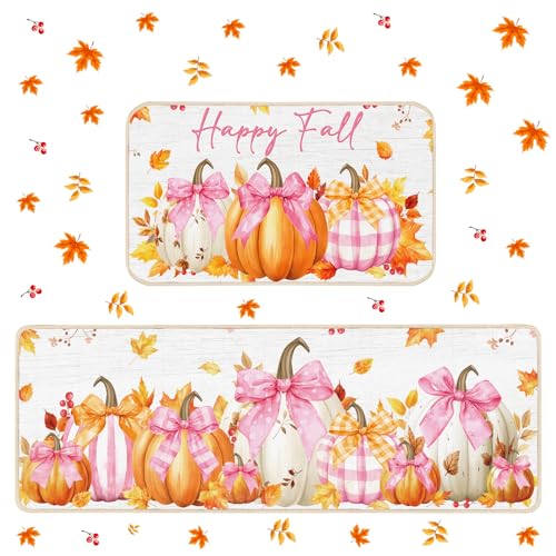 Pink Bow Pumpkin Kitchen Mats Set - Non Slip Fall Decor, 2 Sizes