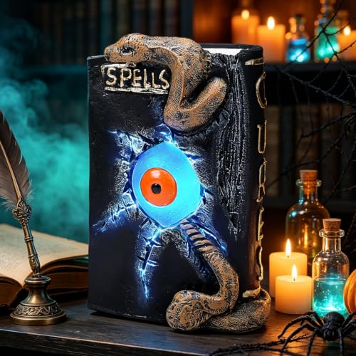 Halloween Spellbook Statue with LED Eyeball and Snake Variation - Spooky Resin Table Decor