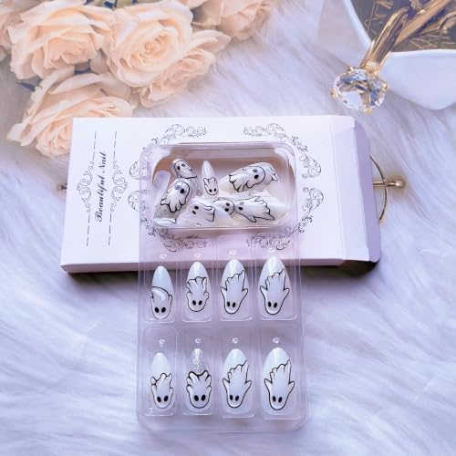 Halloween Ghost Fake Nails Set - Silver Glitter Almond Press On Nails with Cartoon Ghost Design - Variation 13
