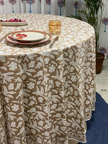 Ridhi Hand Block Print Cotton Round Tablecloth - Oak Brown, 60 Inch