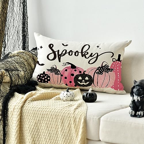 Halloween Spooky Pumpkin Throw Pillow Cover - Pink, 12 x 20 Inch Sofa Cushion Case