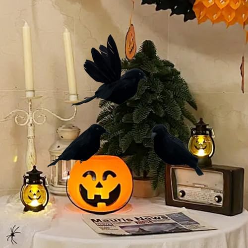 2pcs Black Feathered Crows Halloween Decorations Realistic Ravens Birds Clip-On