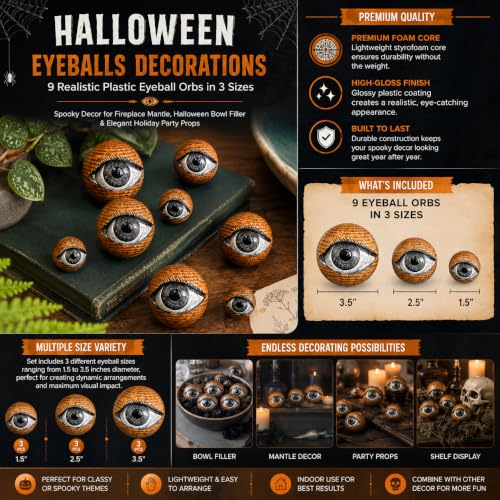 Halloween Eyeball Decorations - 9 Pc Spooky Foam Orbs for Party & Home Decor
