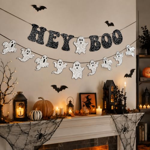 Halloween Banner with Ghost Garland - Black Glitter 'Hey Boo' Party Decor
