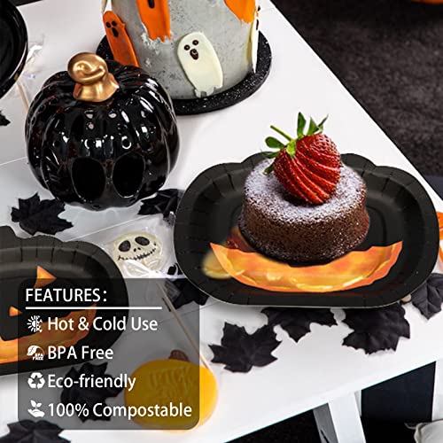 Disposable Halloween Paper Plates - Black Pumpkin Smile Design, 50pcs, 8.3in