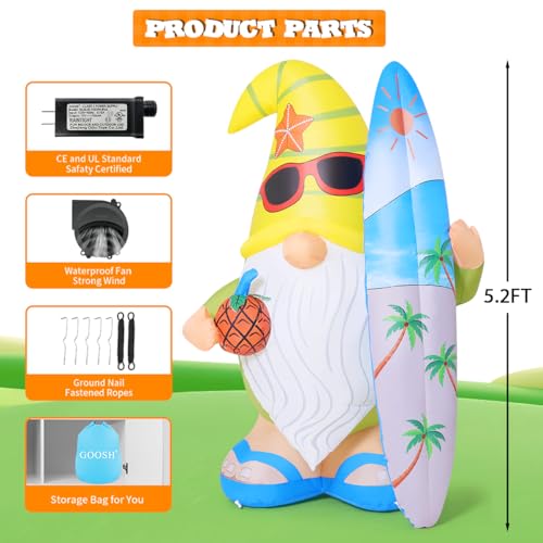 Inflatable Gnome Yard Decor with LED Lights, Surfboard & Pineapple - 5.2 FT Summer Outdoor Decoration
