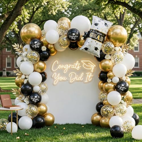 Black Gold White Graduation Balloons Set 60 Pcs for Party Decorations
