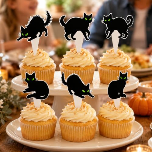 Halloween Black Cat Cupcake Topper - Green Eyes, Reusable, 36 Pack - Variation: Black Cat
