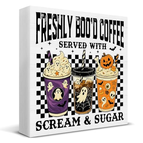 Halloween Ghost Wooden Sign - Spooky Coffee Decor for Home & Cafe 5x5 Inches