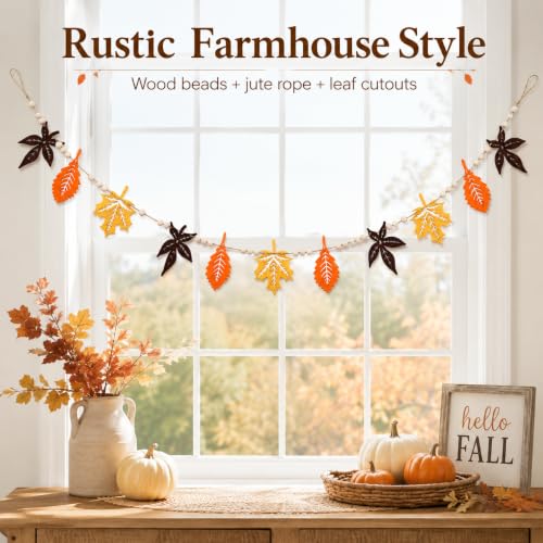 Fall Leaf Garland with Wood Beads - Rustic Thanksgiving Fall Decor
