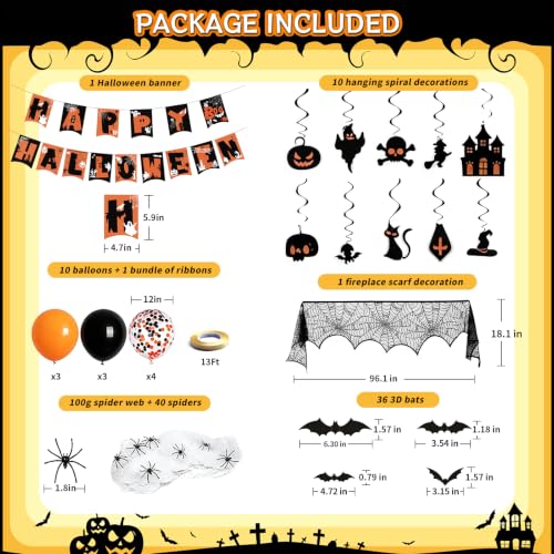 Halloween Indoor Party Decorations Set with Mantel Scarf, Bats, Webs & Balloons