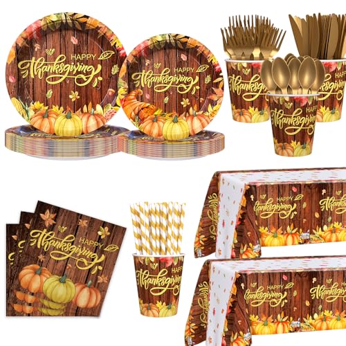 Thanksgiving Party Supplies Set with Plates Cups Napkins Cutlery & Decorations