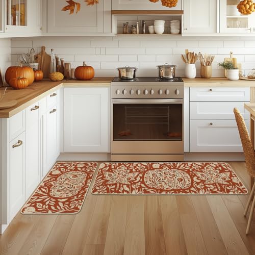 Orange Fall Kitchen Mats Set of 2 - 17x29 & 17x47 Non-Slip Decor