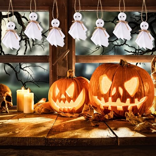 12 Pack Halloween Hanging Ghost Ornaments - 4 Inch Rustic Yard Decor for Haunted House & Party