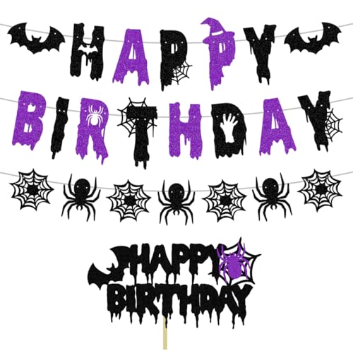 Halloween Birthday Banner Glitter Black & Violet with Spider Bats Decor