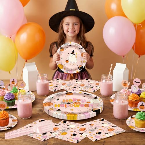 Pink Halloween Party Plates and Napkins Set - Boo Theme, 96 pcs