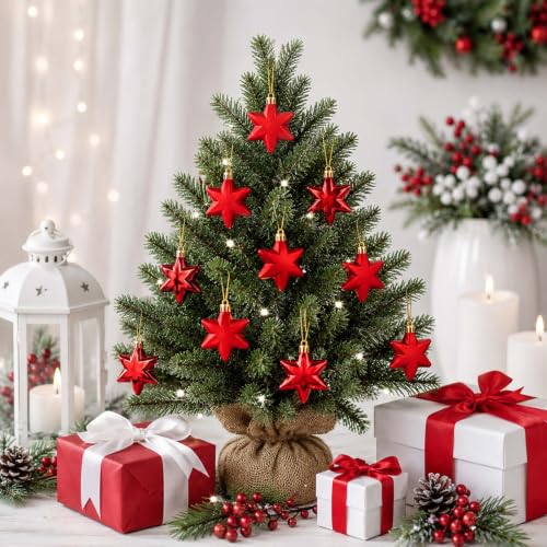 Red 1.8 Inch Christmas Star Ornaments - 12 Pack Lightweight & Durable Holiday Decor