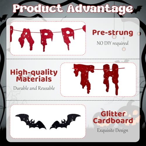 Halloween Birthday Banner with Glitter and Bats - 118 Inch Spooky Decor