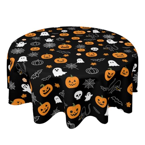 Halloween Round Tablecloth 60 Inch - Fall Pumpkin Ghost Spiderweb Design - Black & Orange