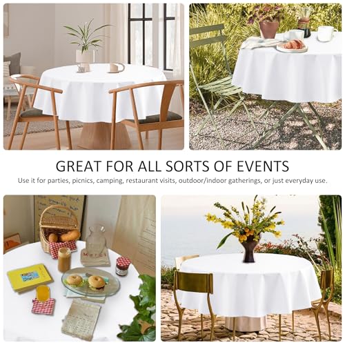 White Vinyl Round Tablecloth with Flannel Backing - 60 Inch, Enjoyidea