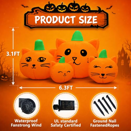 Halloween Inflatable Pumpkin Cat Heads Set - 6.3ft Outdoor Yard Decor with LED Lights