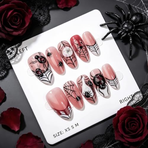 Halloween Fake Nails Short Almond Spider Blood Drip Design - Variation 29