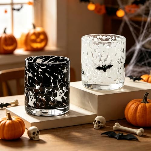 Halloween Glass Cup Set - Ghost & Bat 16 oz Old-Fashioned Drinking Cups for Parties