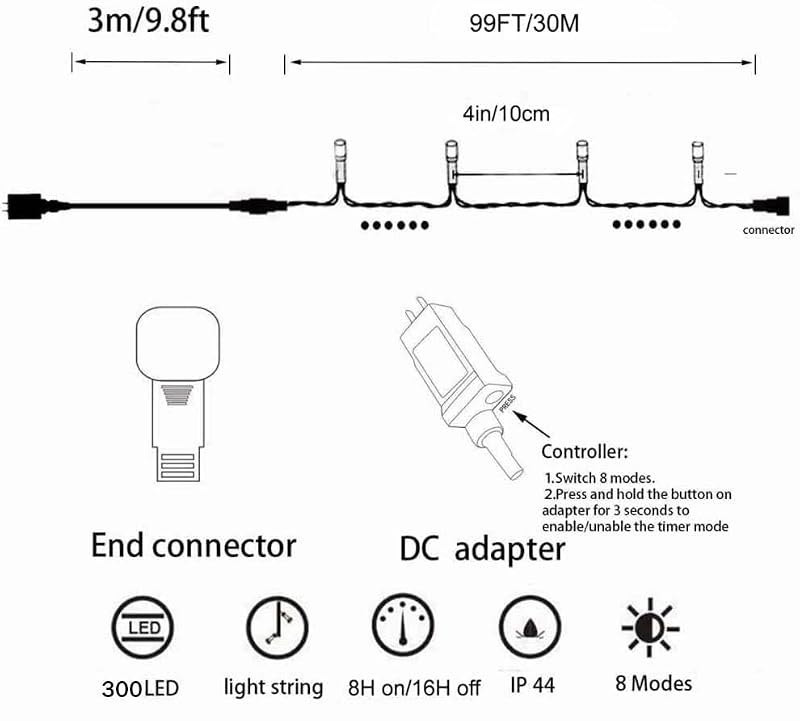 Pure White LED Christmas String Lights 99ft with Black Cable & 8 Modes - Outdoor Indoor Decor
