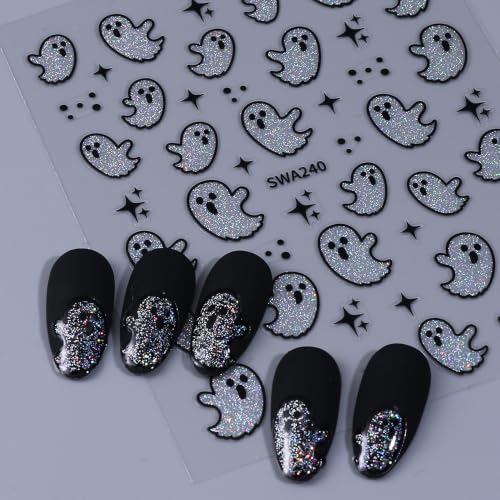 Cute Ghost Halloween Nail Stickers - 6 Sheets Glitter 3D Self-Adhesive Nail Decals