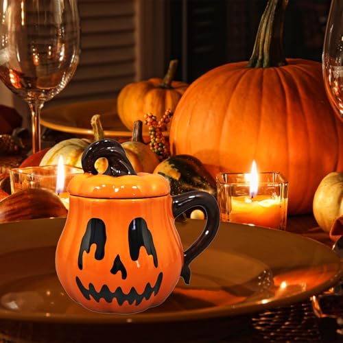 JUSTUP Pumpkin Shaped Ceramic Coffee Mug - Halloween & Thanksgiving Orange Cover Cup - 0.7 Pound Cartoon Breakfast & Dessert Cup