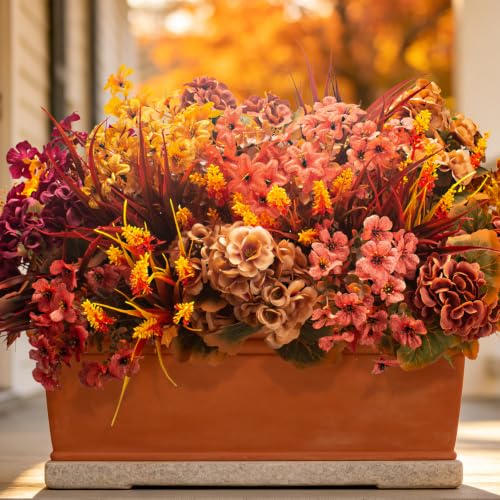 Artificial Fall Flowers Outdoor Decor - UV Resistant Faux Mums - Orange Yellow, 13.5 Inch