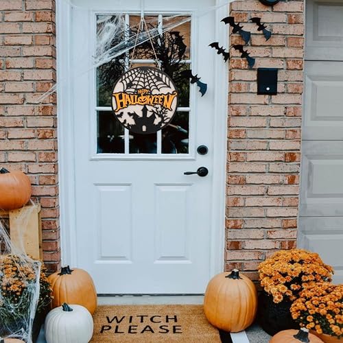 Happy Halloween Wooden Wreath - Ghost Bat Pumpkin Door Sign & Garland - Indoor Wall Decorations - Variation: Happy Halloween Wreath