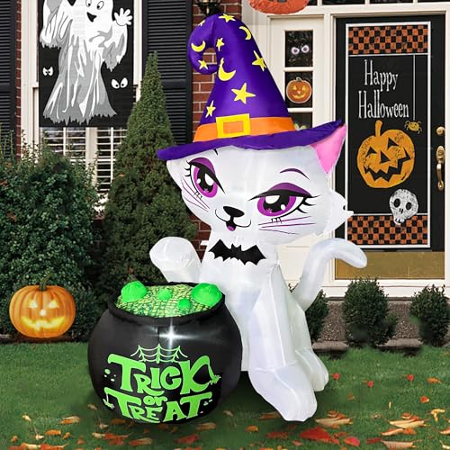 5FT Halloween Inflatable Cat with Witch Cauldron Yard Decor with LED Lights