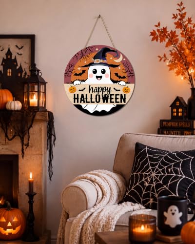 Halloween Wooden Door Sign - Spooky Ghost Pumpkin Bats Decor 12x12 Inches