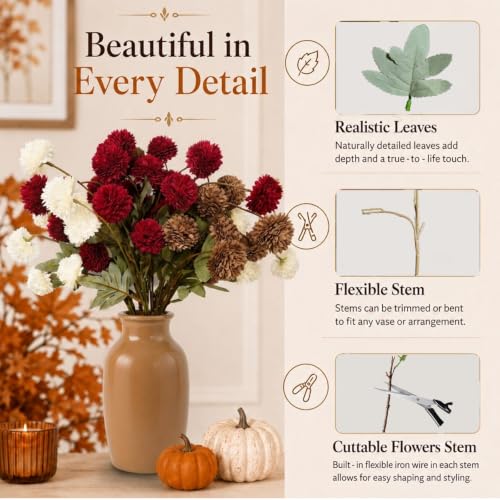 Artificial Fall Chrysanthemum Flowers Set - Burgundy, Cream White & Brown 12 Bundles