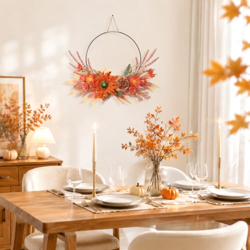 Fall Sunflower Wreath for Front Door - 17 Inch Artificial Autumn Decor - Orange Flowers