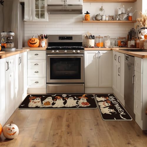 Halloween Ghost Bat Kitchen Mats Set of 2 - Black 17x29 & 17x47 Inches