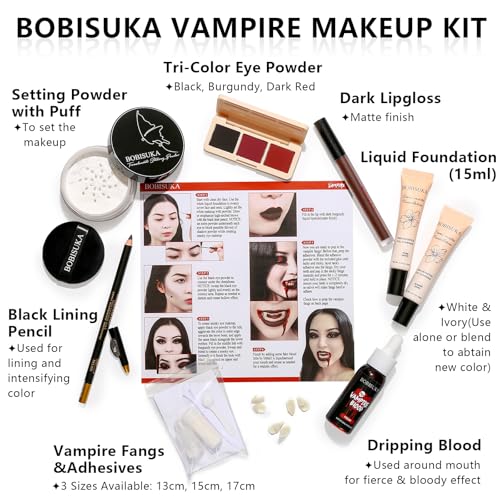 Vampire SFX Makeup Kit with Teeth, Blood, & Foundations - Halloween Costume & Stage